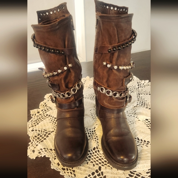 A.S.98 RARE ROCK & ROLL MOTO  Brown Boots with Straps and Studs - Picture 2 of 6